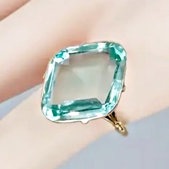 ASSCHER  SEMI PRECIOUS  CULTURED  Aquamarine  14 Carat  Prong Setting  Solitaire - Picture 1 of 8